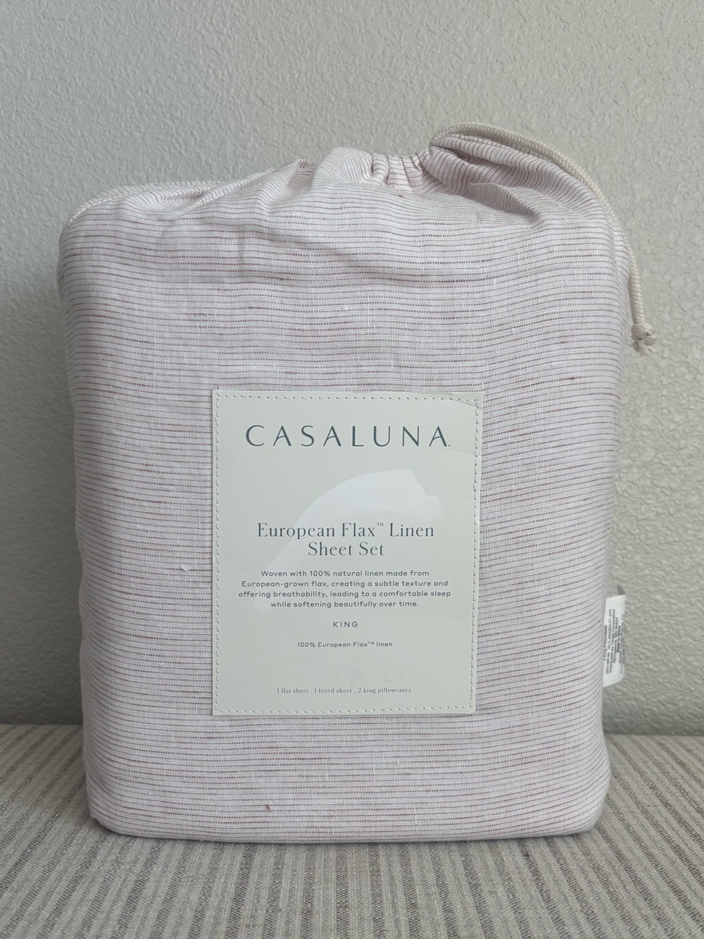 NWT King 100% Linen Sheet Set Adobe Clay Micro Stripe - Casaluna